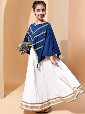 Embroidered Cape Style Blue Top 3/4 Sleeve Festive Wear for Girls