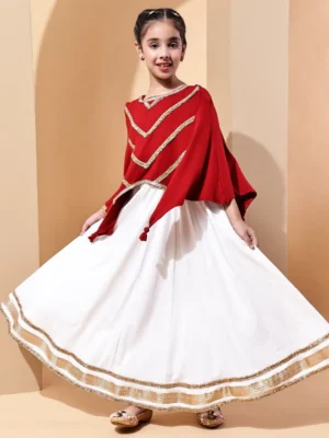 Embroidered Cape Sleeve Red Top 3/4 Sleeve Festive Wear for Girls