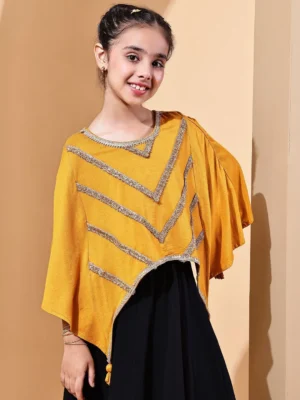 Embellished V Neck Cape Gold Top with Inner Festive Wear for Girls