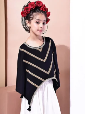 Embroidered Cape Sleeve Black Top 3/4 Sleeve Festive Wear for Girls