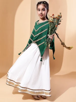 Self Design Kaftan Green Top Round Neck Festive Wear for Girls