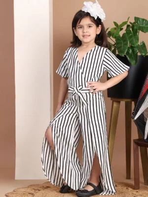 White Striped Waist Tie-Up Jumpsuit with V-Neck Summer Casual Fit