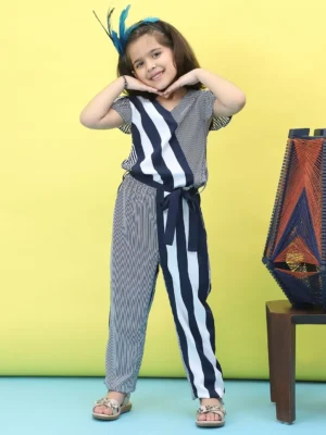 Blue Striped V-Neck Basic Jumpsuit Short Sleeves Casual Summer Comfort