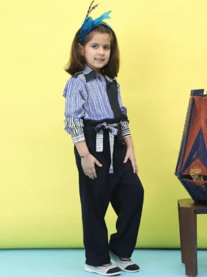 Navy Blue Striped Shirt Collar Jumpsuit Long Sleeves Casual Smart Wear
