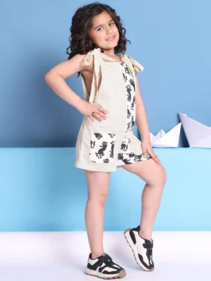 White Cat Print Color Block Tie-Up Shoulder Short Jumpsuit Summer Wear