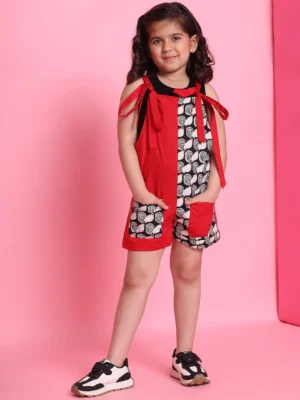 Red Hen Print Color Block Tie-Up Shoulder Short Jumpsuit Summer Wear
