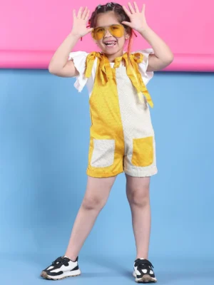 Yellow Dot Print Color Block Tie-Up Shoulder Short Jumpsuit Summer Wear