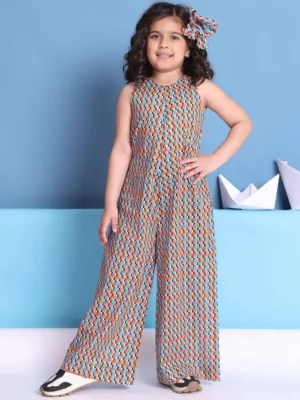Multi Color Geometric Print Cotton Jumpsuit Wide Leg Casual Summer Wear