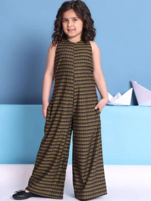 Olive Checkered Cotton Jumpsuit Wide Leg Sleeveless Casual Summer Wear