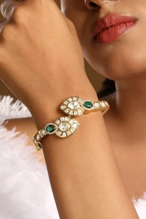 Emerald Green Openable Bracelet with LV Kundan Polki & Emerald Brass Finish