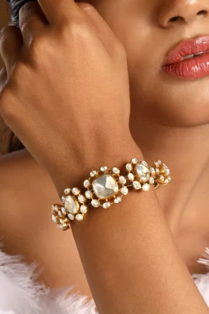 Classic LV Kundan Polki Statement Braceet in Micron Gold Finish