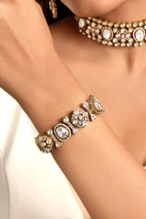 Antique Gold Openable Bracelet with Kundan Polki & Zircon Diamond Brass