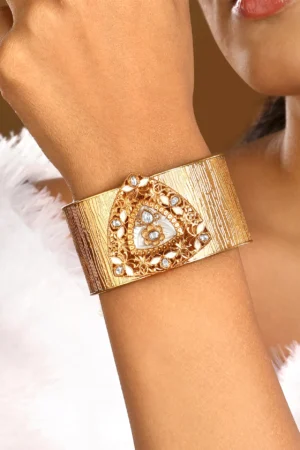 Gold Hand Cuff with Kundan Polki & Mother of Pearl in Brass Finish