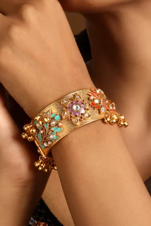 Multi Enamel Openable Bangle with Kundan Polki & Gold Ghungroo Brass
