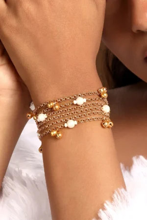 Gold Pearl Bracelet with Ghungroo Detailing in Micron Polish Brass