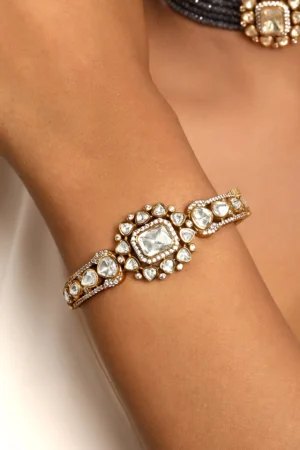 Gold Bracelet with LV Kundan Polki & Zircon Diamond in Brass Finish