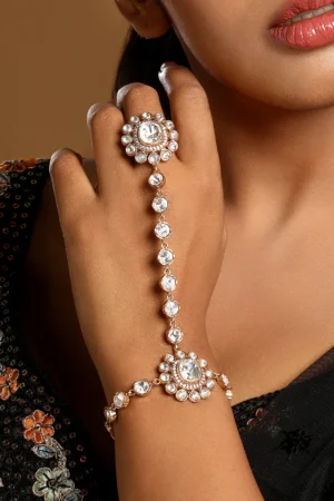 Gold Haath Phool with Kundan Polki & Zircon Diamond in Brass Finish