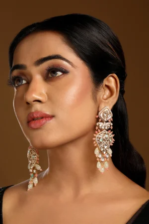 Gold Polish Kundan Polki Chandelier Earrings with Agate & Zircon
