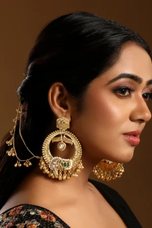 Micron Gold Polish Kundan Polki Emerald Pearl Ghungroo Chandbali Earrings