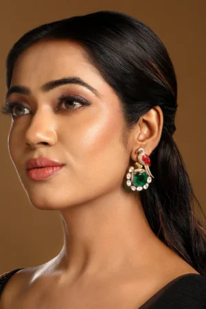 Emerald Bird Motif Earrings with Kundan Polki & Zircon Detailing