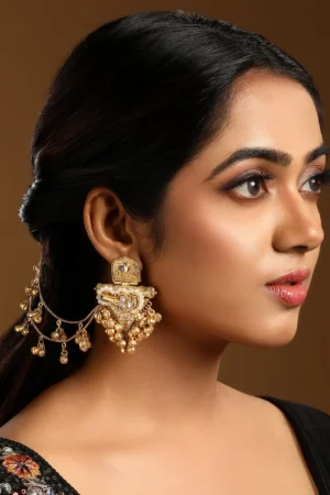 Traditional Kundan Polki Ear Chain Earrings with Pearls & Gold Ghungroo