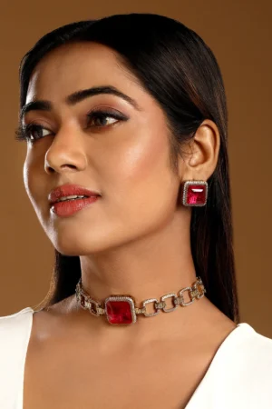 Micron Gold Polish Brass Ruby Zircon Statement Necklace Set for Women