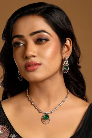 Micron Gold Polish Kundan Polki Emerald Zircon Bridal Necklace Set