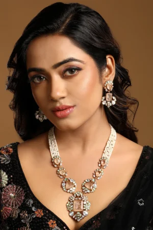 Micron Gold Polish Rose Quartz Mint Stone Pearl Necklace Set for Women