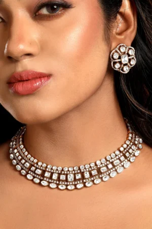 Kundan Polki & Zircon Diamond Micron Gold Polish Brass Choker Necklace Set