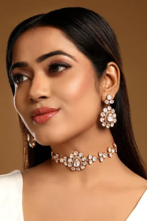 Gold Polished Brass Kundan Polki Choker Necklace Set with Zircon Diamonds