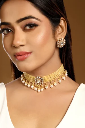 Micron Gold Polish LV Kundan Polki Agate Pearl Necklace Set for Women