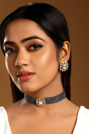 Micron Gold Plated Grey Onyx Kundan Polki Choker Necklace Set with Earrings