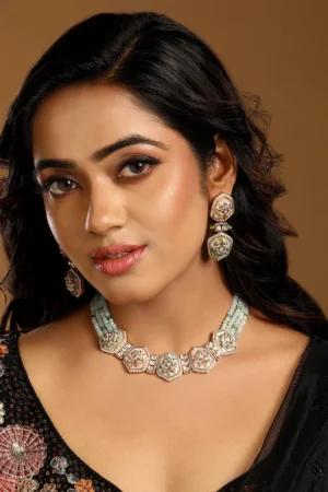 Micron Gold Polish Kundan Polki Mint Agate Necklace Set for Women