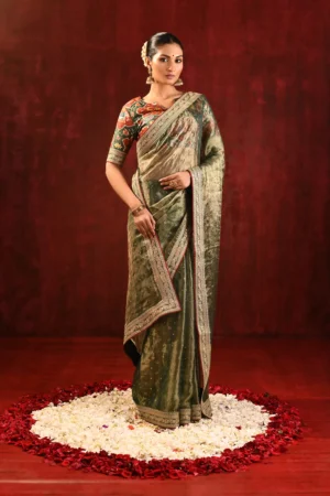 Moss Green Tissue Foil Saree with Floral Print & Embroidered Border