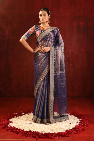 Metallic Blue Tissue Saree with Elaborate Embroidered Border