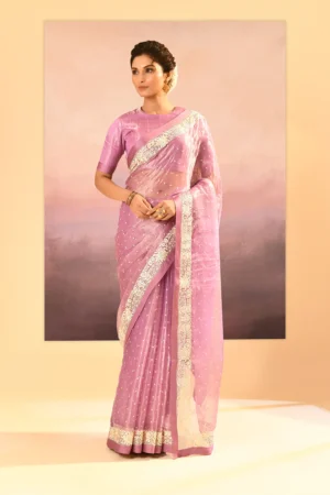 Elegant Pastel Soft Pink Tissue Saree with Delicate Thread Work & Blouse