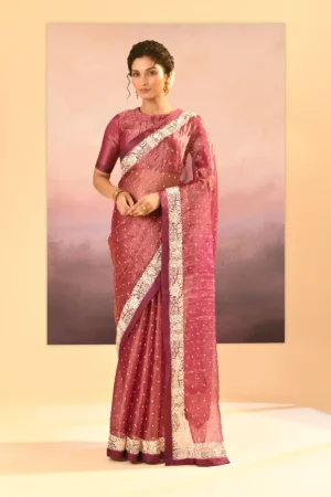 Pantone Purple Tissue Saree with Parsi Gara Buttis & Pathani Badla Border