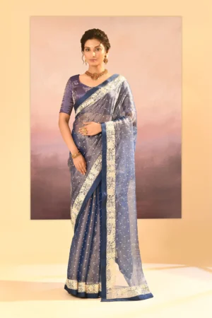 Metallic Blue Tissue Saree with Intricate Thread Work and Stitched Blouse