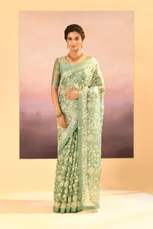 Enchanting Basil Green Tissue Saree with All-Over Floral Thread Embroidery