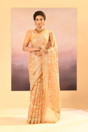 Exquisite Golden Beige Tissue Saree with Floral Thread Embroidery & Blouse