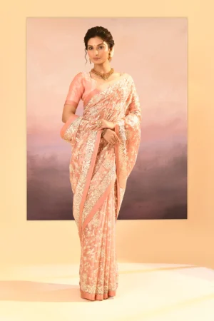 Elegant Soft Peach Pink Parsi Gara Tissue Saree