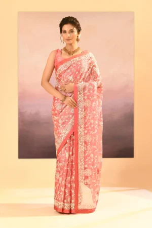 Stunning Soft Pink Tissue Saree with Parsi Gara Floral Thread Work & Blouse