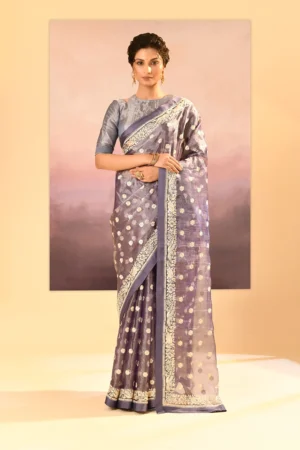 Metallic Grey Tissue Saree with Shimming Floral Threadwork and Stitched Blouse