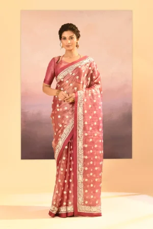 Exquisite Rosewood Pink Tissue Saree with Parsi Gara Floral Embroidery
