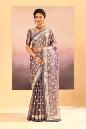 Lavender Grey Tissue Saree with Shimmering Foil Motifs & Zari Border