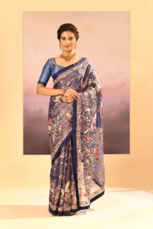 Stunning Dark Blue Tissue Saree with Parsi Gara Floral Embroidery & Blouse