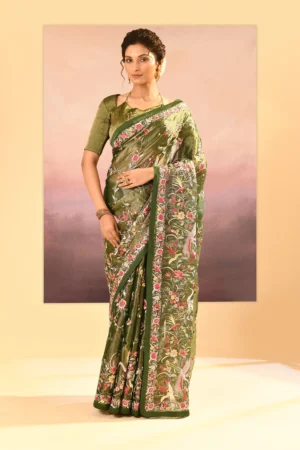 Dark Olive Green Tissue Saree with Intricate Parsi Gara Floral Embroidery & Stitched Blouse