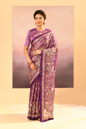 Classic Purple Tissue Saree with Intricate Floral Thread Embroidery & Stitched Blouse