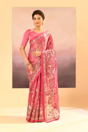Enchanting Rose Pink Tissue Saree with Intricate Floral Thread Embroidery