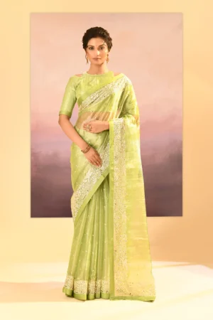 Refreshing Pear Green Saree with Woven Floral Patterns and Intricate Zari Border